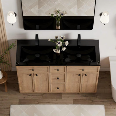 48" Black Integrated Resin Double Sink Bathroom Vanity Top with Zinc Alloy Faucet and Solid Brass Pop Up Drain