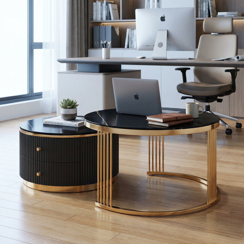 Ensemble de tables basses modernes gigognes 2 pièces avec tiroirs intégrés et pieds décoratifs dorés, Noir