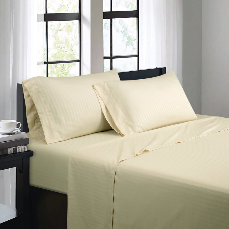 Bibb Home Damask Stripe 4 Piece Sheet Set, Butter, Full Sheet Set with 2 Pillowcases