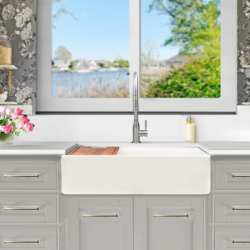 35.75 Inch European Fireclay Farmhouse Prep Station Sink, Matte White