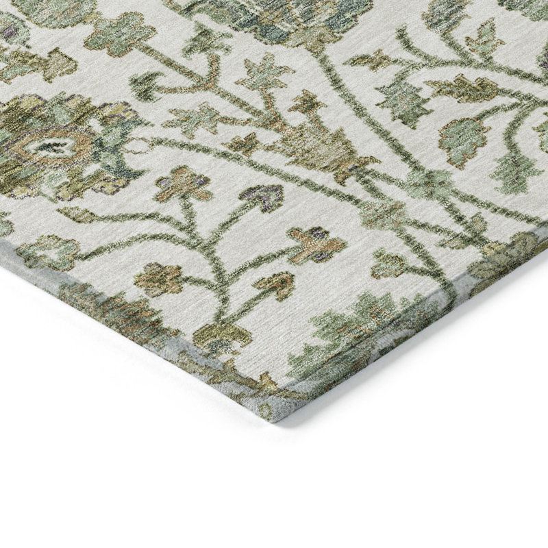 Ivory and Green Floral Synthetic Washable Rug, 3' x 5'