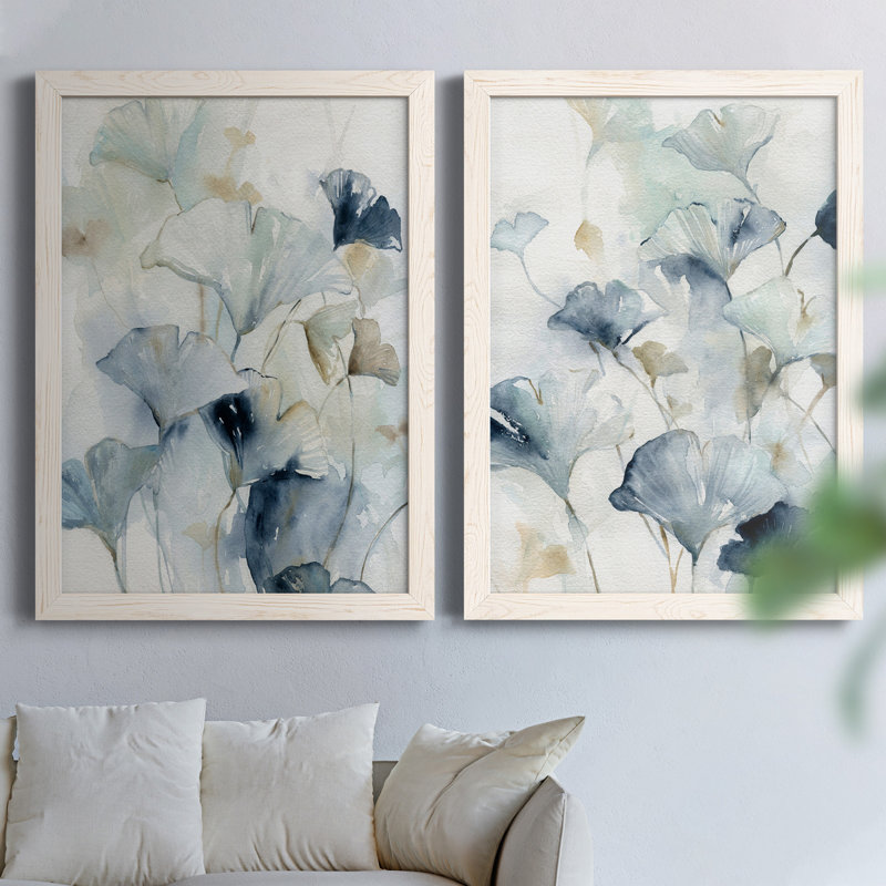 Indigo Ginkgo I - peinture sur toile 2 pièces, Cadre blanc, H 24 po x l 20 po x P 1 po