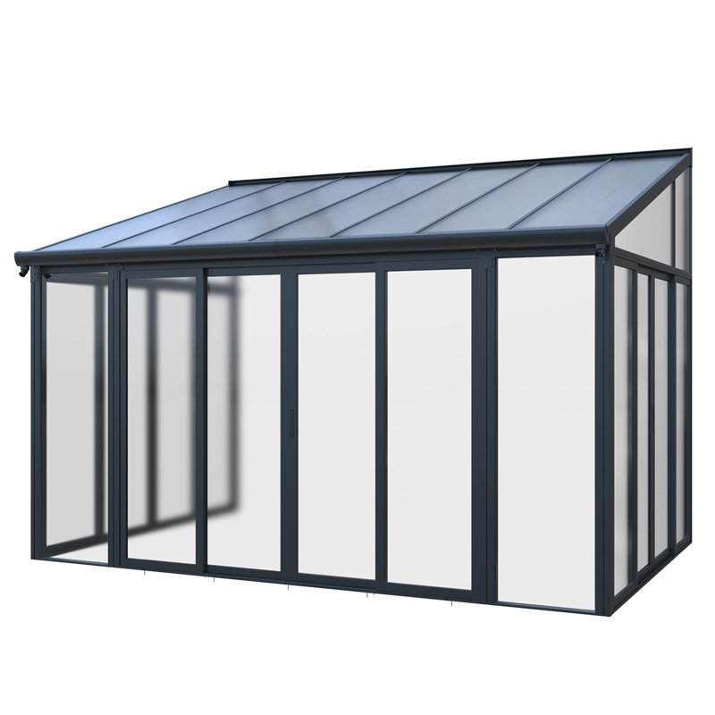 Housse de patio fermée avec 3 portes coulissantes verrouillables, solarium toutes saisons avec structure en alliage d'aluminium, toit en polycarbonate et système de panneau de panneau de PC transparent transparent pour terrasse de jardin