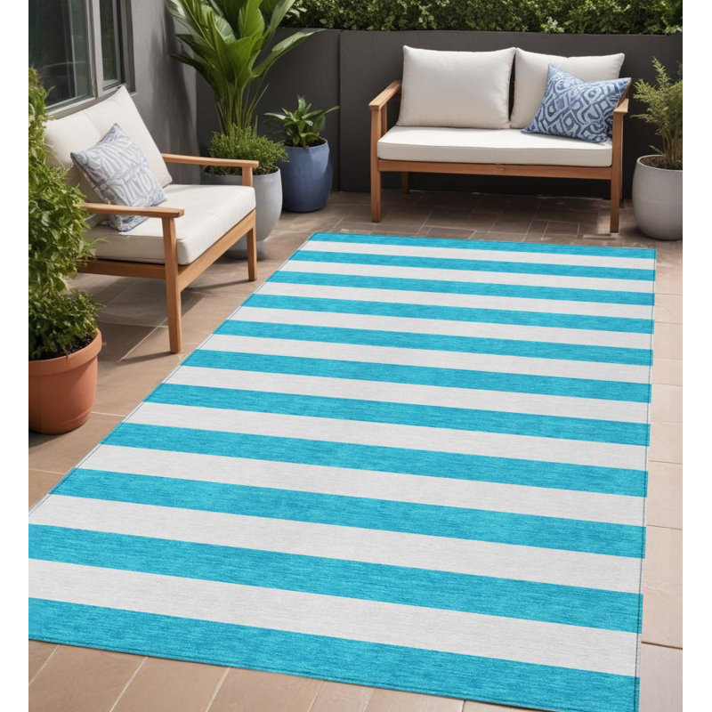 Tapis intérieur / extérieur rayé sarcelle et blanc, Rectangle de 5 pi x 8 pi