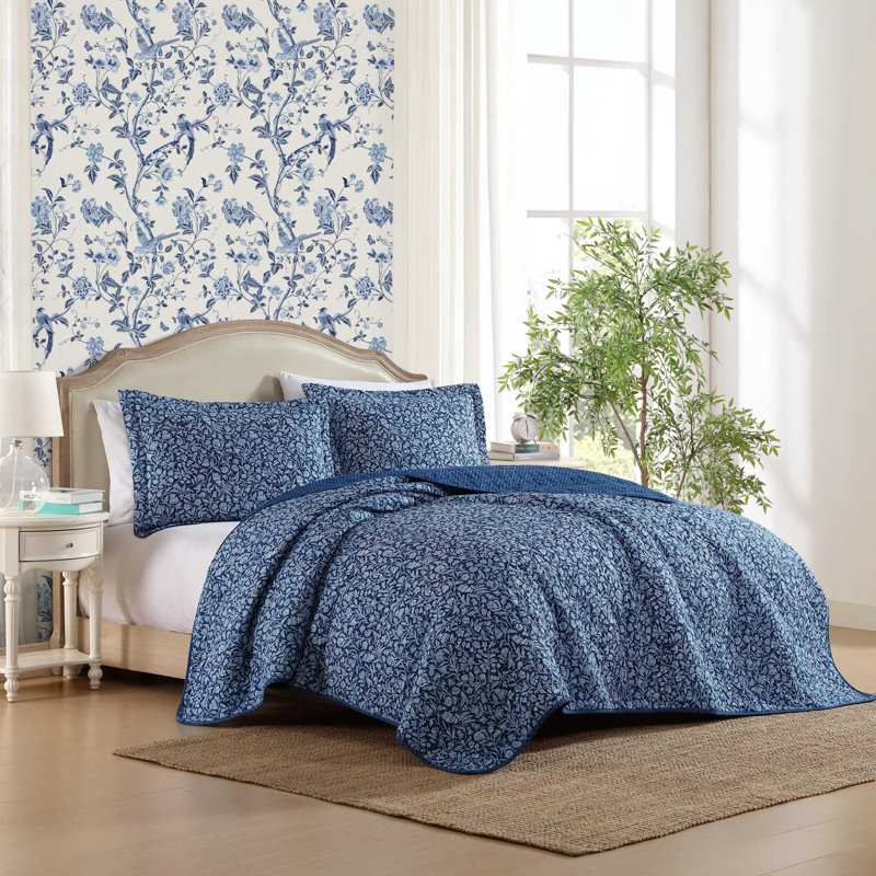 Ensemble de courtepointe réversible en coton Laura Ashley, Motif floral bleu
