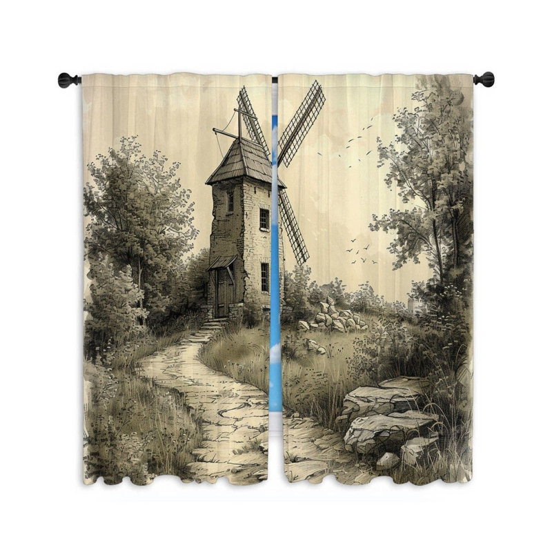 Windmill Landscape Bathroom Room Darkening Curtain Pair, 20" W x 54" L