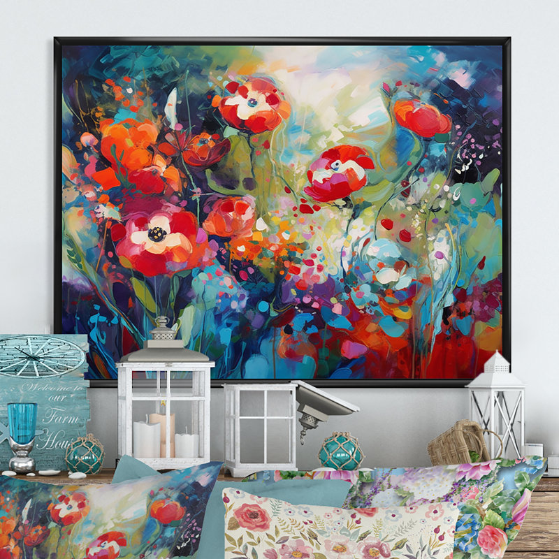 Ryylon Red Vibrant Garden Symphony IV sur impression sur toile, H 30 po x l 40 po x P 1,5 po, Cadre flottant noir