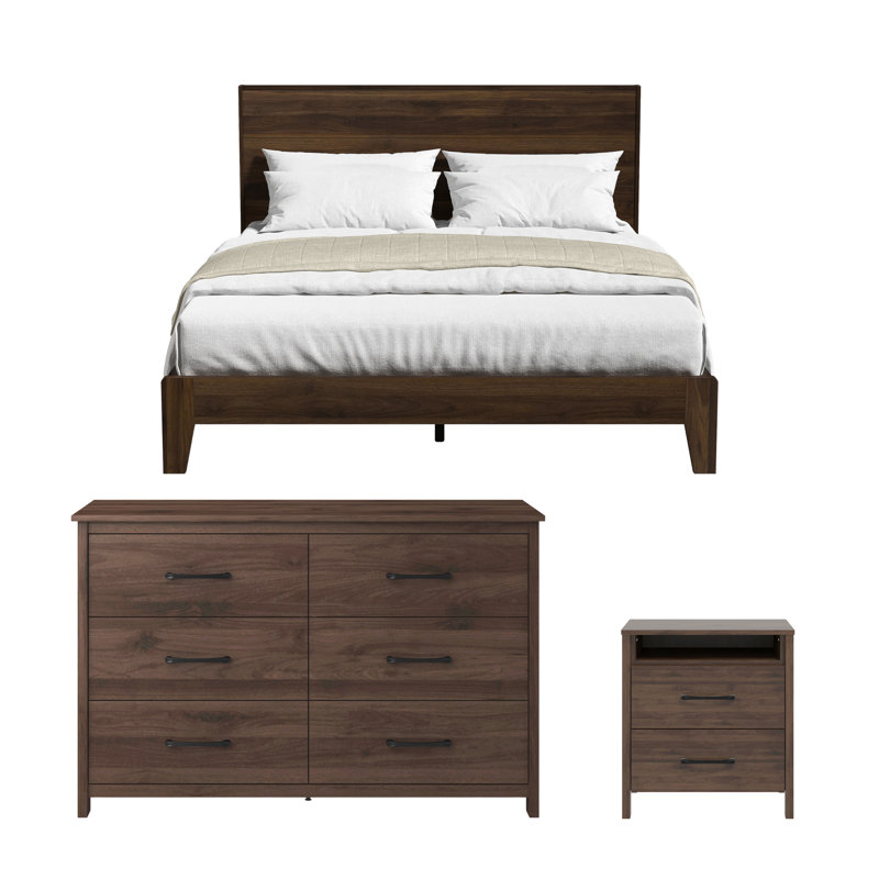 Rizzuto 3 Piece Modern Coordinated Bedroom Set, Queen, Royal Walnut