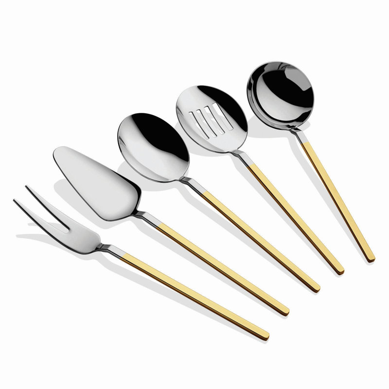 Ensemble de service élégant en acier inoxydable 5 pièces, enduit or 24 carats | Comprend une louche de 8,1 po, une cuillère de 8,7 po, une fourchette de 8,9 po, une crépine de 8,7 po, une spatule de 9,3 po | 100% acier inoxydable, va au lave-vaisselle (programme délicat) | Parfait pour recevoir