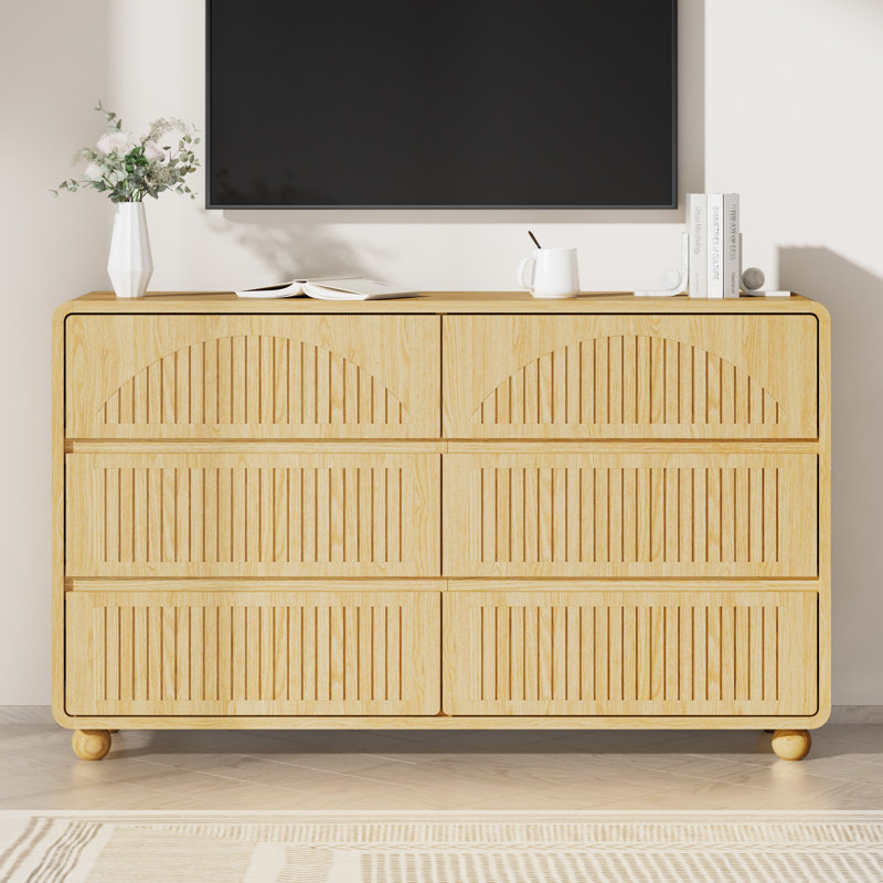 Commode arquée cannelée de 51,2 po à 6 tiroirs, armoire de rangement moderne Mid-Century avec pieds sphériques, Naturel