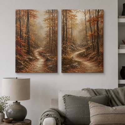 Autumn Forest Path Landscape Artwork, Living Room Pictures, Framed Canvas Giclee Print 2 Pieces Wall Art