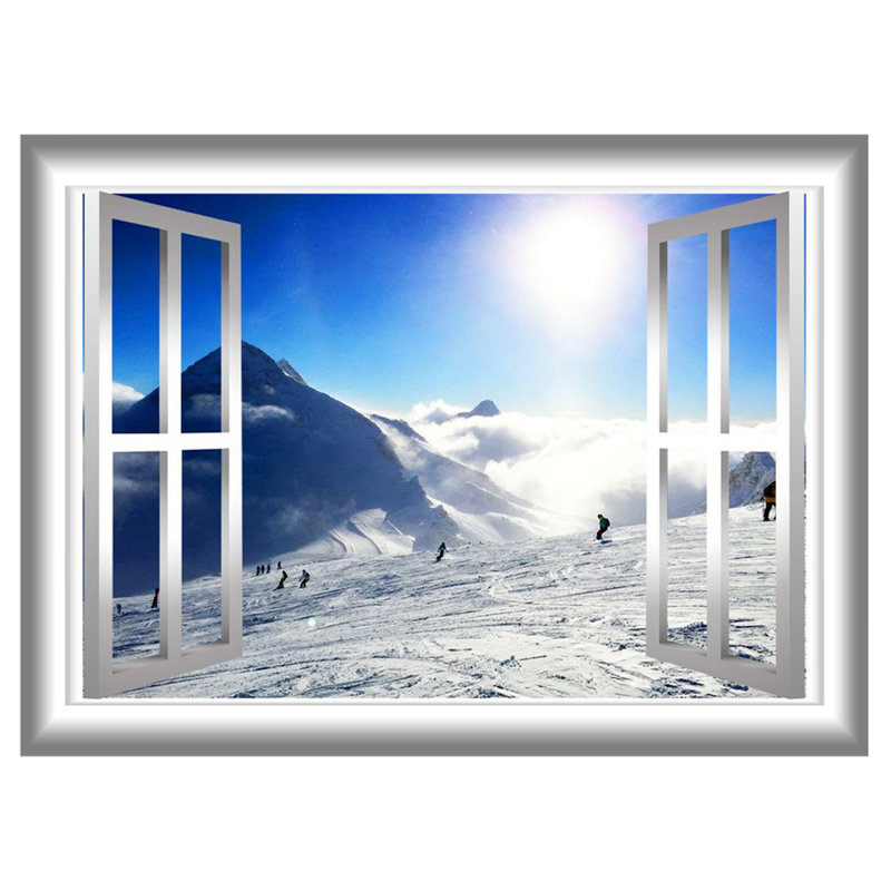 Décalcomanie murale fenêtre en 3d snow mountain, H 28 po x l 36 po x P 0,01 po