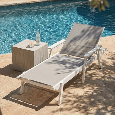 MURCANO HDPE Outdoor Chaise Lounge with Armrests, Reclining Sling Patio Lounger with Wheels for Poolside & Deck
