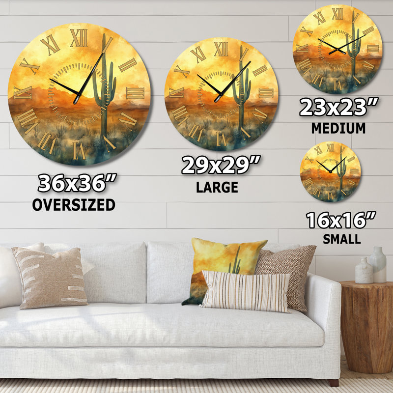 Lumière du coucher de soleil dans le désert doré - Horloge murale en métal ronde silencieuse du Sud-Ouest, Grand