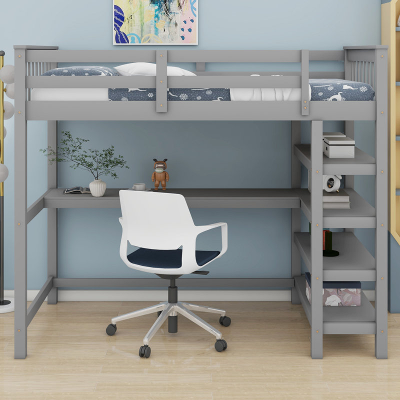Lit mezzanine avec tablettes de rangement et bureau sous le lit, Gris