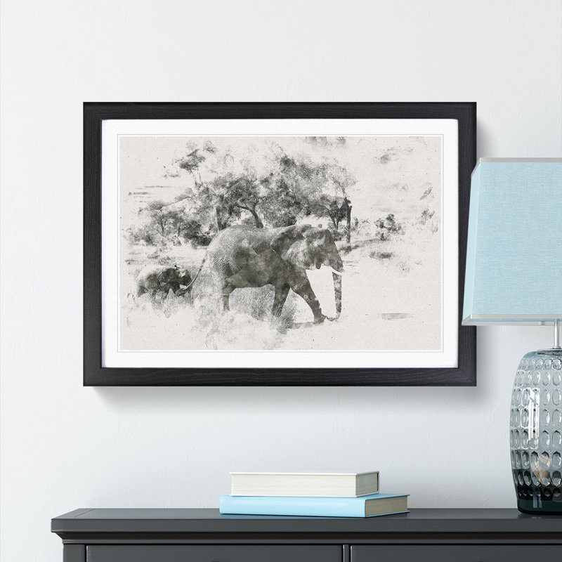 Mother & Baby Elephant Strolling - Framed Print, 62cm H x 87cm W x 2cm D, Black Framed