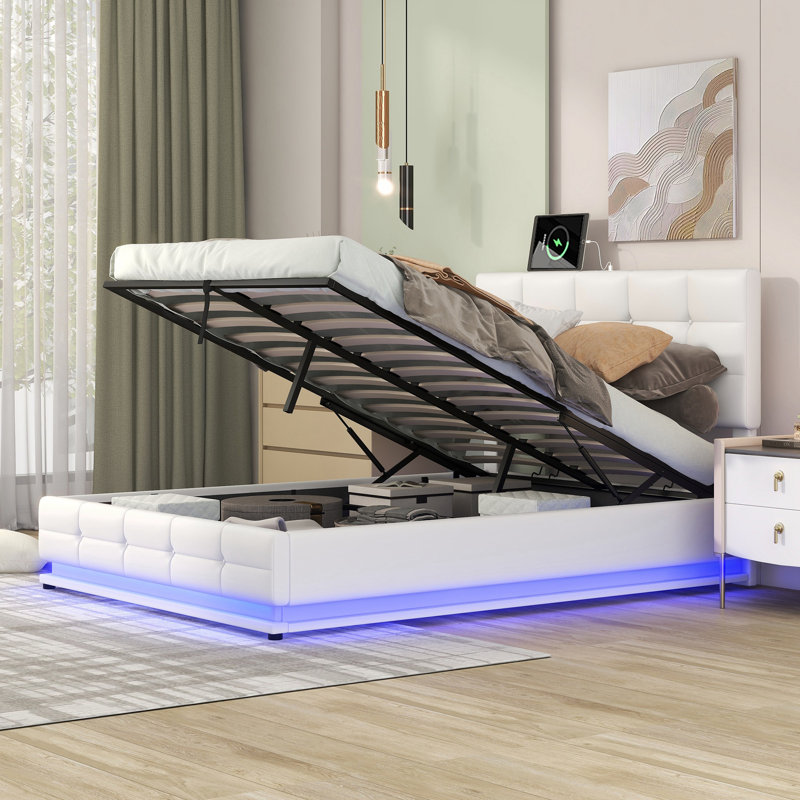 Deaundra Upholstered Platform Storage Bed, White, Queen
