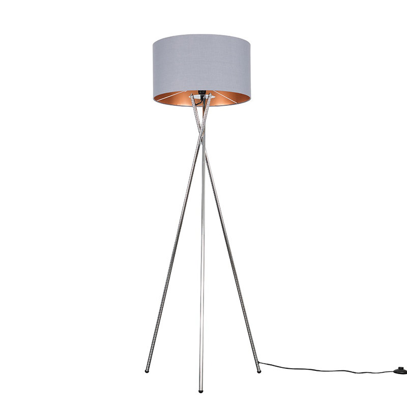 Misner 155cm Camden Tripod Floor Lamp with Large Reni Shade, Grey & Copper, Yes, Polished Chrome 