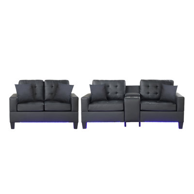Genesis Black PVC Fabric Sofa Loveseat Living Room Set With LED Lights, USB Charger, Storage Console, Cupholders, Tufted Cushions
