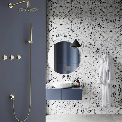 10" Brushed Gold Wall Mounted Knob Handles Shower System With Handheld Shower