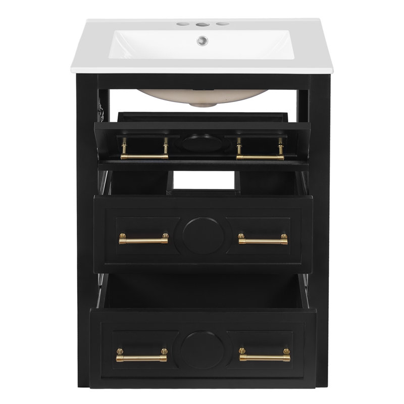 Ensemble de meuble-lavabo sur pied 24 po avec lavabo en céramique, ensemble de meuble-lavabo simple autoportant avec 3 tiroirs et cadre en bois massif