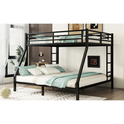 Metal Queen Over King Bunk Bed, Black. For Teens And Adults. Space Innovation. Noise- Slumber. Frame. No Box Spring. Under Bed Storage. 2 Side Ladders. Focused Space Saving & Stable. Noise Reduced.