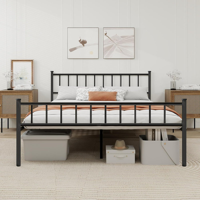 Metal Platform Full Bed Frame With Headboard Sturdy Steel Slats Support No Box Spring Needed Easy Assembly Black, Full