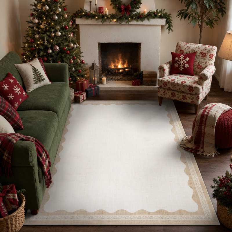 Tapis beige lavable à bordure ondulée rétro pour salon, chambre à coucher ou bureau, Beige, Rectangle 5 pi x 7 pi