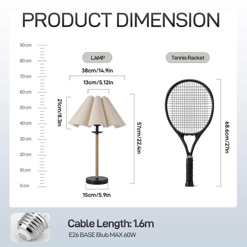 22.4” Rustic Table Lamp with Pleated Linen Shade and Jute-Wrapped Stem, Black Metal Base, E26 Socket