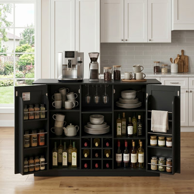Îlot de cuisine 47 po avec rallonge et prise de courant, armoire à vin multifonctionnelle et bar à café avec support à vin, porte-verre et tablettes latérales