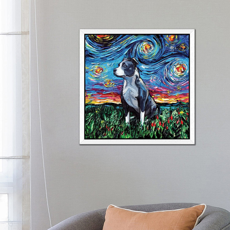 Pitbull Night by Aja Trier - Painting on Canvas, White Framed, 93.98 cm H x 93.98 cm W