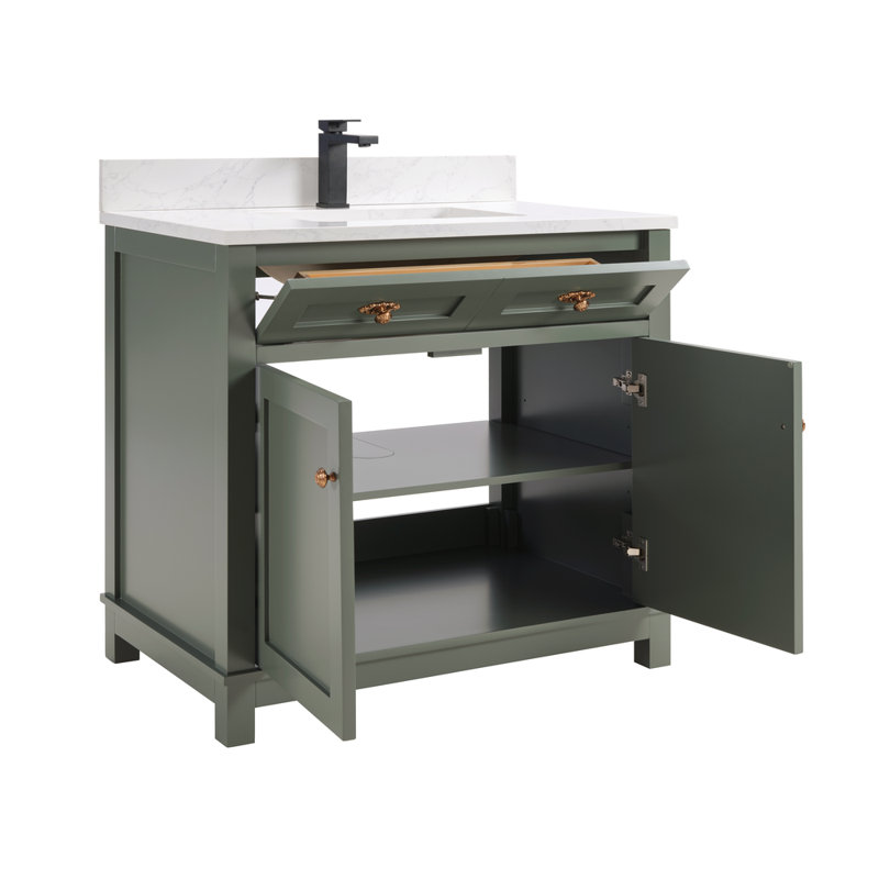 36" Cadet Finish Solid Wood Sink Vanity  With 1' Artificial Stone Top, Rose Gold, Pewter Green