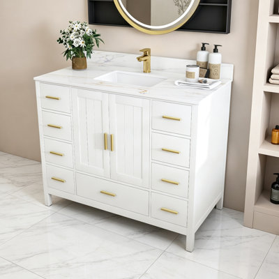 Meuble-lavabo moderne en bois massif avec lavabo, plateau de meuble-lavabo en pierre frittée blanc Carrara de 43 po avec 1 trou de robinet pré-percé, 2 portes doubles à fermeture douce et 9 tiroirs spacieux avec glissières