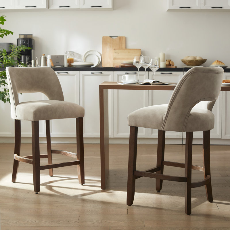  Bisto Faux Leather Upholstered Counter Height Bar Stool With Solid Wood Legs Set of 2, Taupe, 2