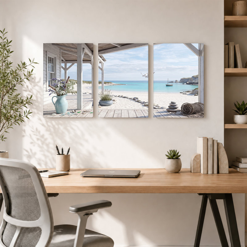 Ensemble de 3 toiles en bois blanc surplombant la plage de sable et l'océan bleu, H 24 po x l 16 po x 3 pièces