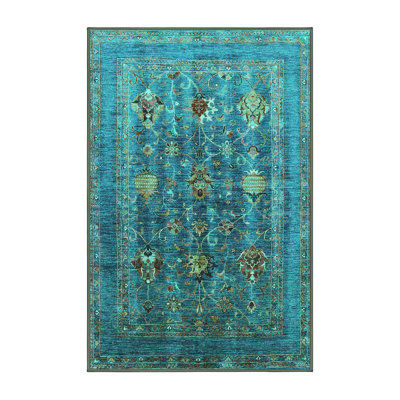 Tapis oriental en laine / polyester tissé à la machine en bleu