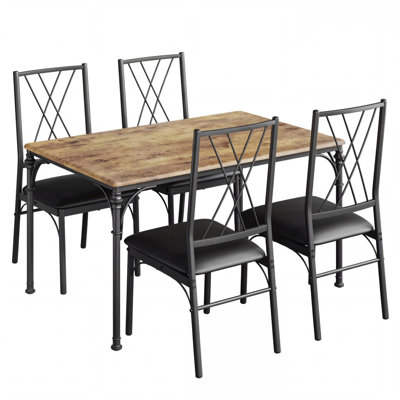 5-Piece Modern Dining Table Set with 4 Chairs, Industrial Metal and Wood Kitchen Table Set for Small Spaces, Compact Dinette for Apartments