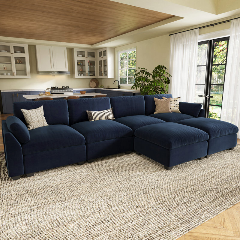 Canapé modulaire large en velours et moelleux avec repose-pieds, canapé de salon en forme de L, Velours bleu