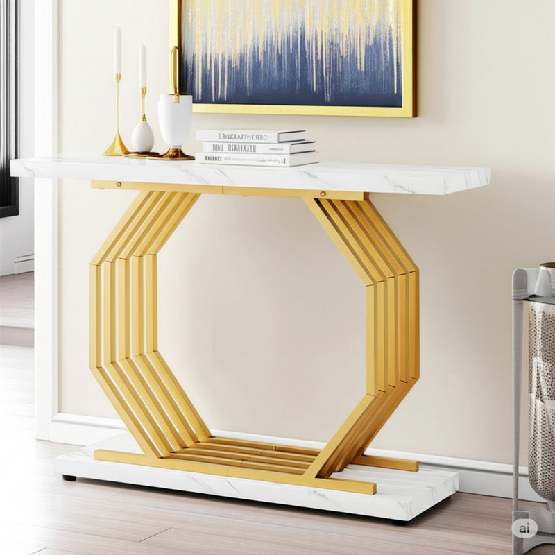 Console, table étroite avec base en métal, table d'appoint moderne pour le salon, couloir, vestibule