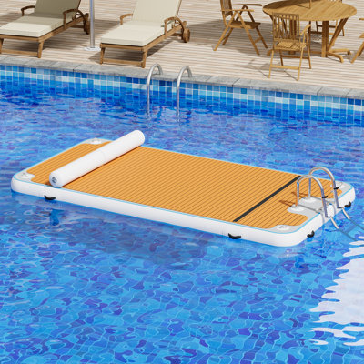 AMERLIFE Inflatable Floating Dock, Non-Slip EVA Air Dock Platform Floating Island Raft with Stainless Steel Ladder and Water Zone for Pool Lake Beach Ocean (12.2*6.2FT)