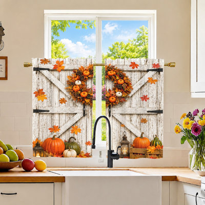 2Pcs Barn Door Curtains, Autumn Harvest Pumpkins Wreath Maple Leaf Print, Light Filtering Window Panels, Decorative for Living Room Bedroom Balcony Kitchen Home Decor