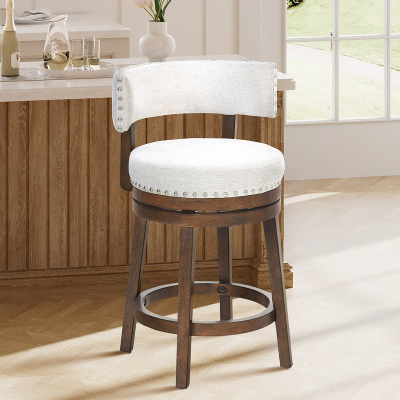 360° Swivel Upholstered Counter & Bar Stool with Solid Wood Frame, Backrest & Footrest, Beige Seat/Dark Brown Base, 4