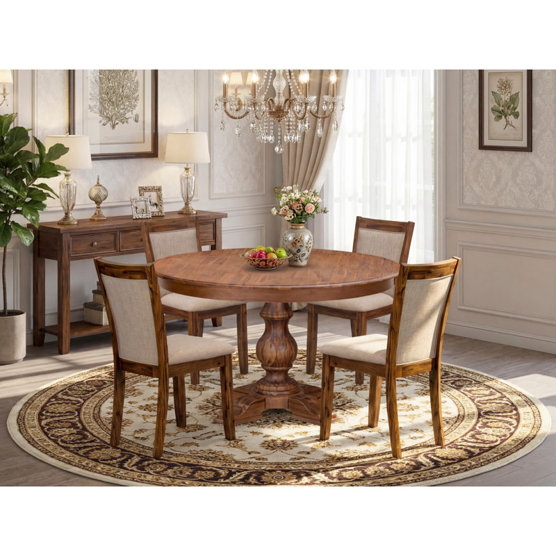 5-Pc Dining Set consists of a Pedestal Kitchen Table and 4 Light Tan Linen Fabric Kitchen Chairs with Padded Back - Antique Walnut