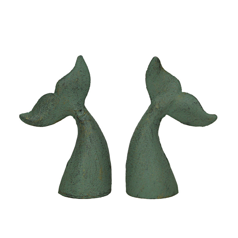 Coastal Set of 2 Cast Iron Whale Tail Decorative Bookends in Rustic Blue Enamel Finish — 4" L X 1.5" W X 6.5" H, Green