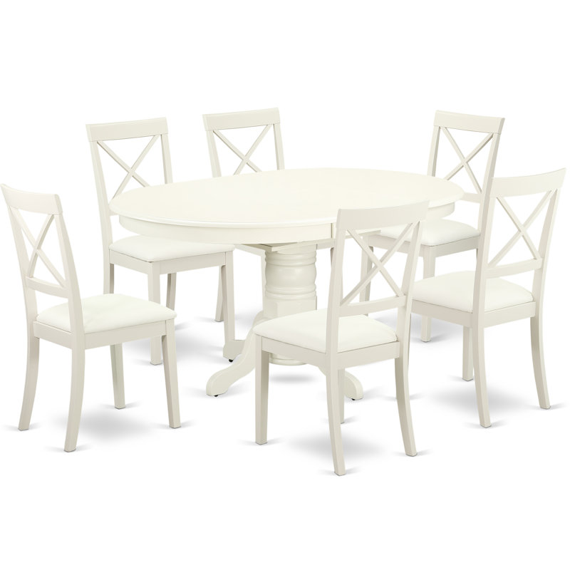 7 Piece Dining Table Set consists of an Oval Dinner Table with Butterfly Leaf and 6 Faux Leather Dining Room Chairs, Linen White