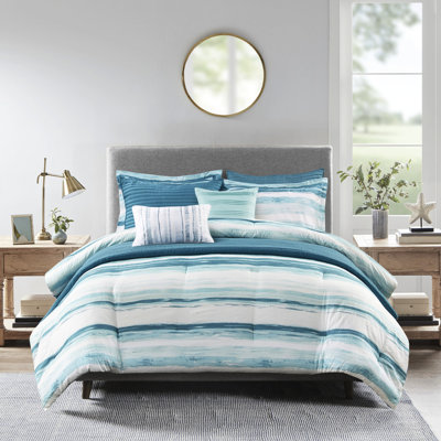 Printed Seersucker Comforter And Quilt - Watercolor Print 2 King Shams, 1 Bedding Collection King/ Channel Stitch Decorative Pillows
