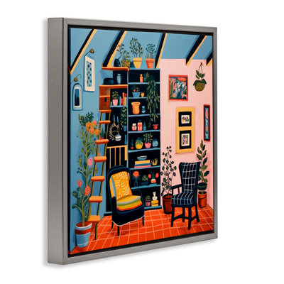 Art mural sur toile flottante encadrée, "Scène de bibliothèque et plantes" par Lazar Studio