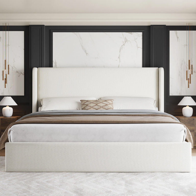 Upholstered Platform Bed With Wingback Headboard, Beige, King