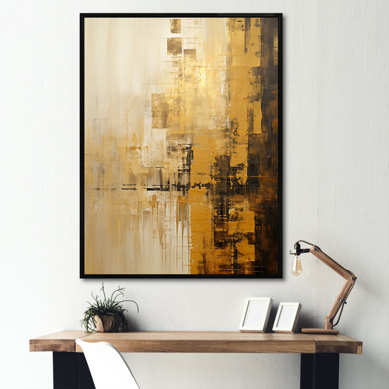 «Modern Cityscape Skycraper Golden Blocks I», reproduction sur toile, Cadre flottant noir, H 32 po x l 16 po x P 1 po