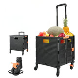 Foldable Utility Cart Portable Rolling Crate Handcart Shopping Trolley Collapsible Tool Box With Rotate Wheels Durable Duty Plastic Telescoping Handle Lid(Black)